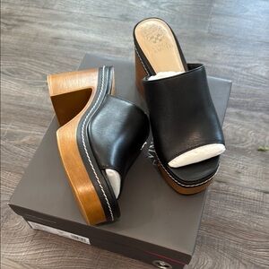 Vince Camuto Black Leather Mules with Wooden Platform